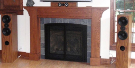 Red Oak mantel, window casings, and laminated speaker boxes. 